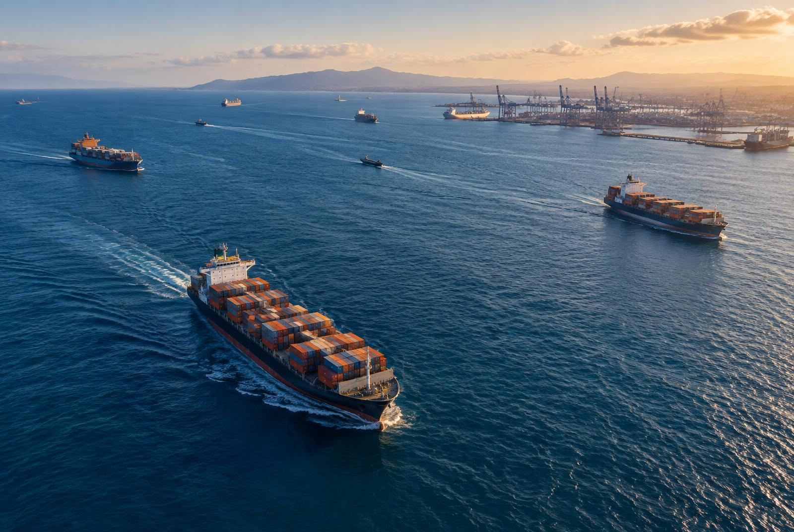 Cargo vessels following international shipping lanes