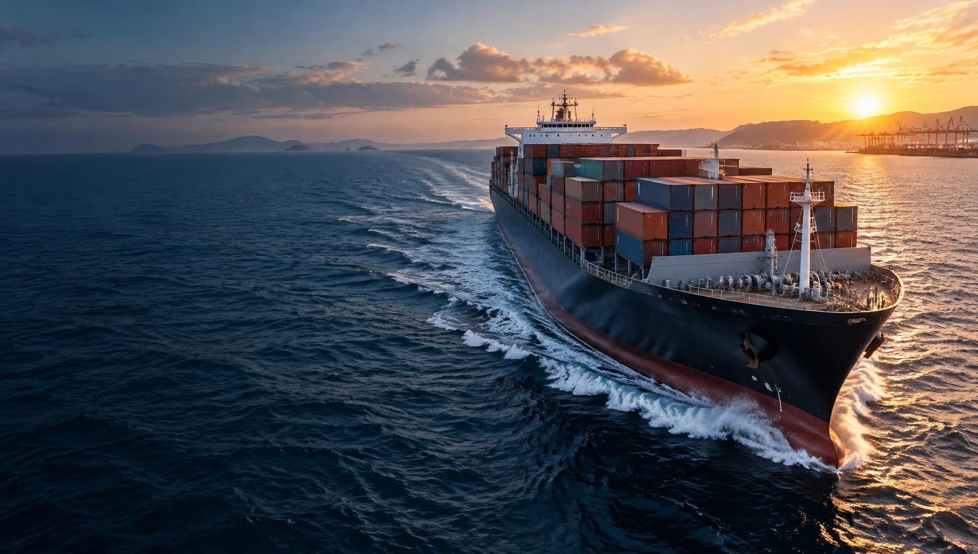 Container vessel crossing open ocean at sunrise